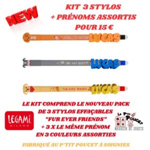 Pack Duo LEGAMI – Set de 3 Stylos Effaçables Chiens + 3 prénoms